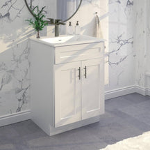 24" White Shaker Vanity Base - 2-Door MDF Cabinet with Soft-Close Hardware