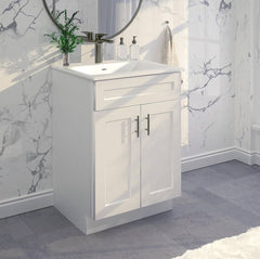 24" White Shaker Vanity Base - 2-Door MDF Cabinet with Soft-Close Hardware