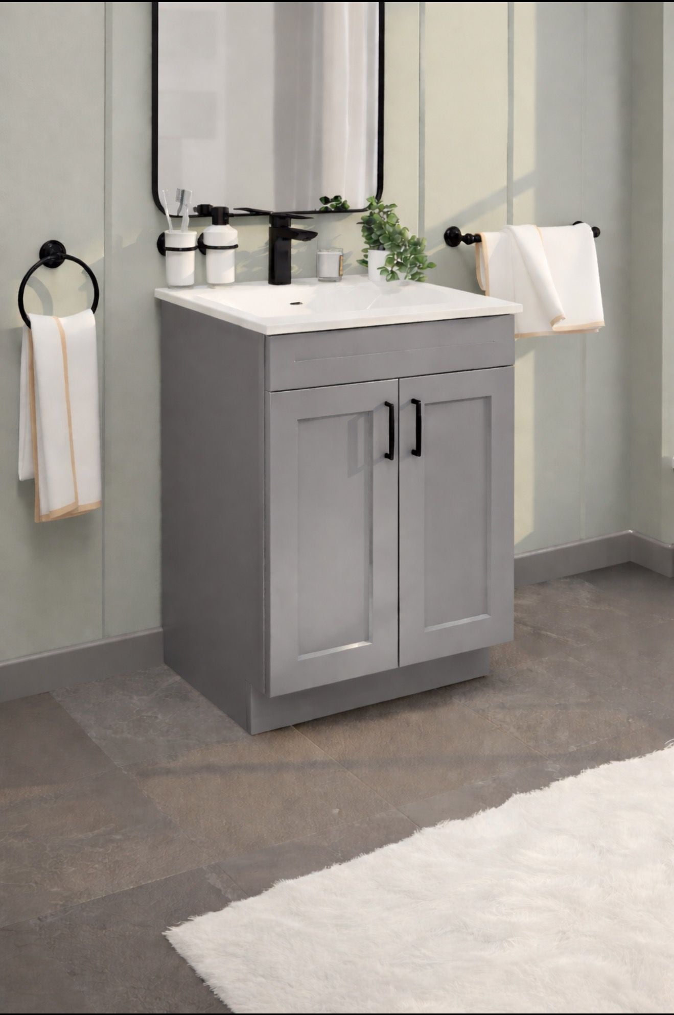 24"Gray Shaker Vanity Base - 2-Door MDF Cabinet with Soft-Close Hardware