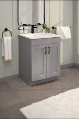 24"Gray Shaker Vanity Base - 2-Door MDF Cabinet with Soft-Close Hardware