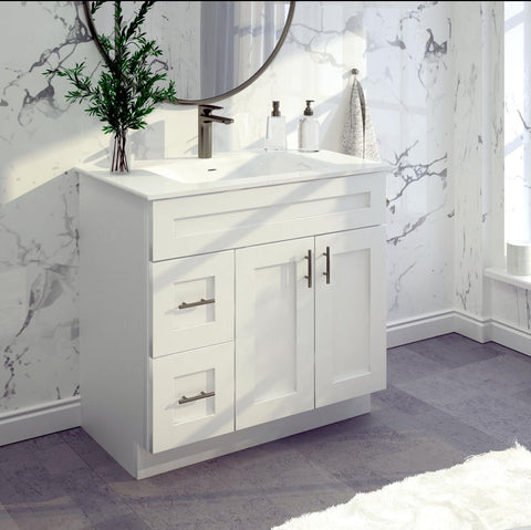 36"White Shaker Vanity Base -Left Side Draw with 2-Door MDF Cabinet with Soft-Close Hardware