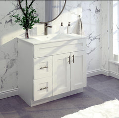 30"White Shaker Vanity Base -Left Side Draw with 2-Door MDF Cabinet with Soft-Close Hardware