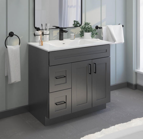 36" Gray Shaker Vanity Base -Left Side Draw with 2-Door MDF Cabinet with Soft-Close Hardware