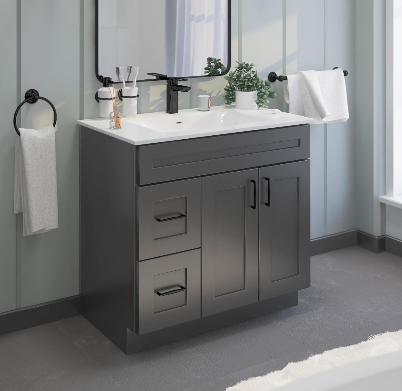 42" Gray Shaker Vanity Base -Left Side Draw with 2-Door MDF Cabinet with Soft-Close Hardware