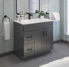 30"Gray Shaker Vanity Base -Left Side Draw with 2-Door MDF Cabinet with Soft-Close Hardware