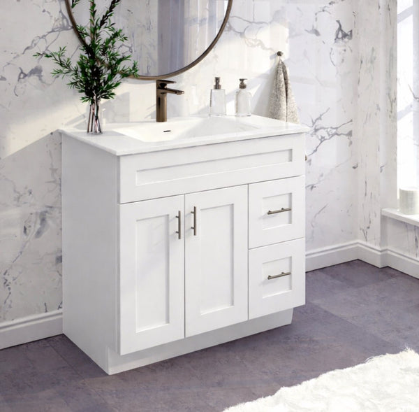 30"White Shaker Vanity Base -Right Side Draw with 2-Door MDF Cabinet with Soft-Close Hardware