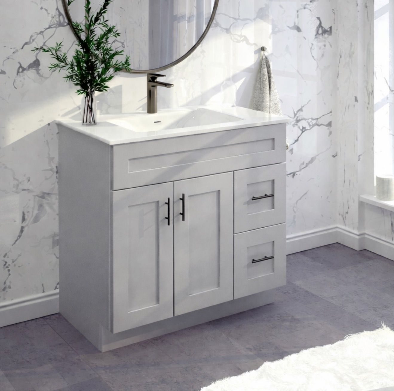 36"Gray Shaker Vanity Base -Right Side Draw with 2-Door MDF Cabinet with Soft-Close Hardware