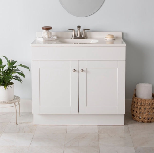 36" White Shaker Vanity Base - 2-Door MDF Cabinet with Soft-Close Hardware