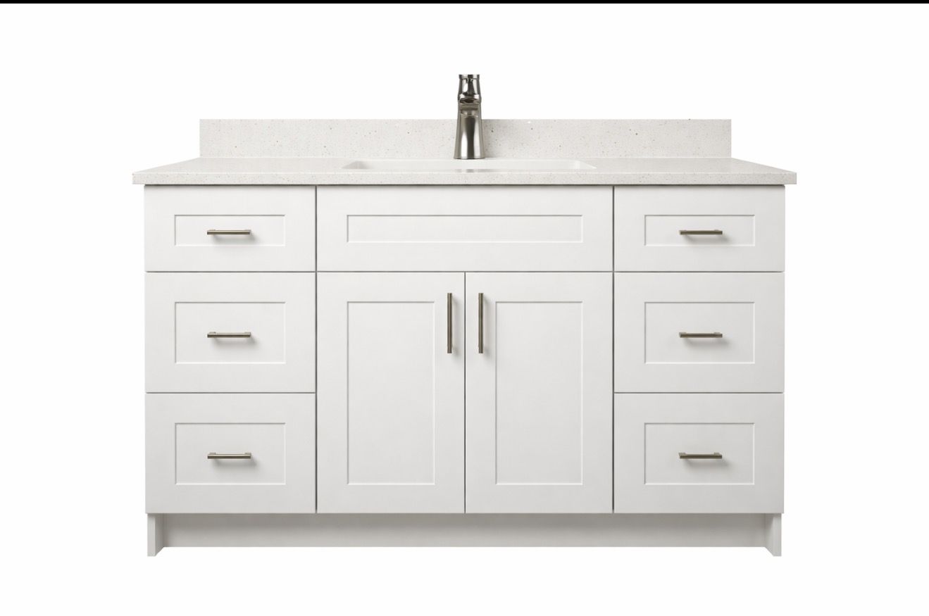 60″ MDF – Single Sink – White – Shaker Doors – Soft-Close Hardware