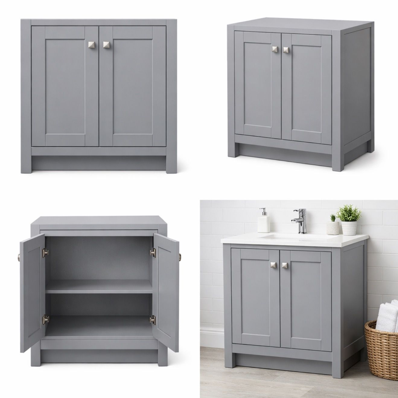 24"Gray Shaker Vanity Base - 2-Door MDF Cabinet with Soft-Close Hardware