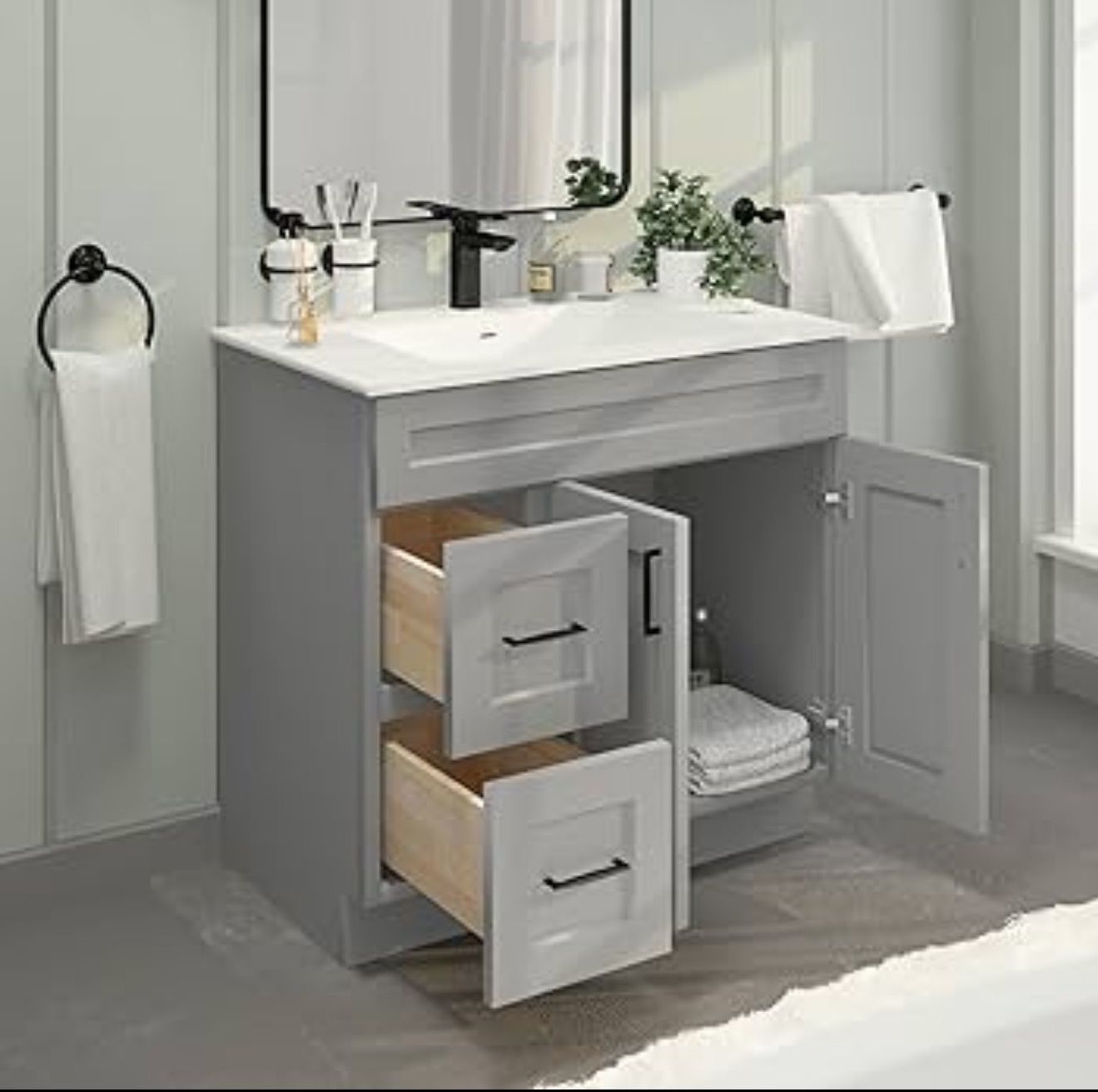 30"Gray Shaker Vanity Base -Left Side Draw with 2-Door MDF Cabinet with Soft-Close Hardware