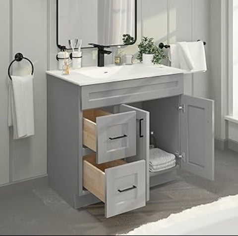 30"Gray Shaker Vanity Base -Left Side Draw with 2-Door MDF Cabinet with Soft-Close Hardware