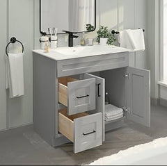 30"Gray Shaker Vanity Base -Left Side Draw with 2-Door MDF Cabinet with Soft-Close Hardware